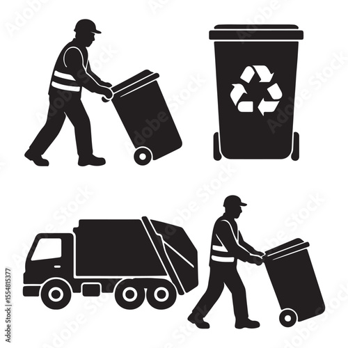 Recycling trash bin and garbage truck collection. Trash utility, disposal and recycling concept set Vector illustration