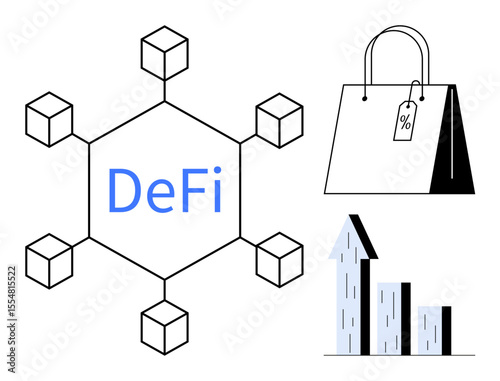 Hexagon blockchain network with DeFi text, shopping bag with discount tag, and upward-moving bar chart. Ideal for finance, technology, e-commerce, investment, blockchain, economy simple landing