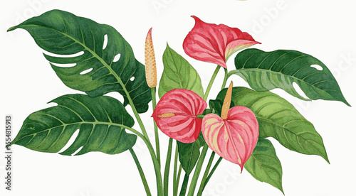 Flamingo Heart Wash Auspicious plants Anthurium Flamingo Flower isolated watercolor vector illustration svg