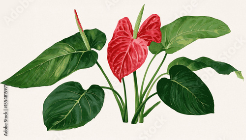 Crimson Welcome Heart Auspicious plants Anthurium Flamingo Flower isolated watercolor vector illustration svg