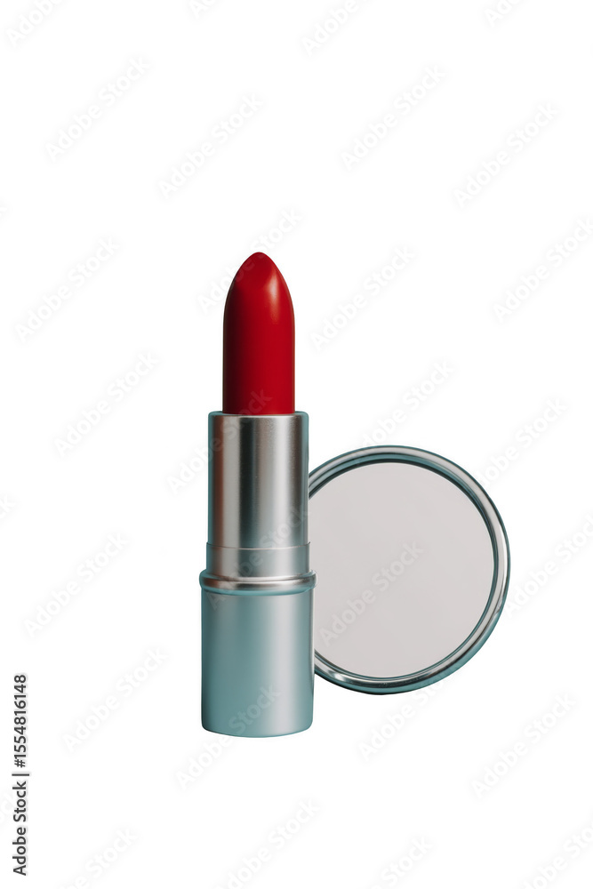Obraz premium Vibrant red lipstick in a sleek silver and blue container, showcasing its glossy finish. Png, Transparent background.