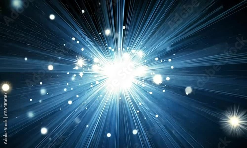 Radiant, blue light rays radiating outward from a central point, with small, light specks