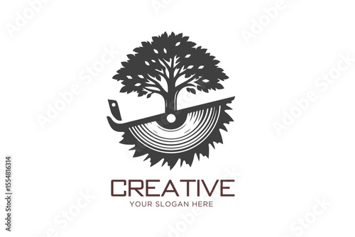 Sawchain Blade Cutting Tree Logo Design. Woodworks Logo Design. 