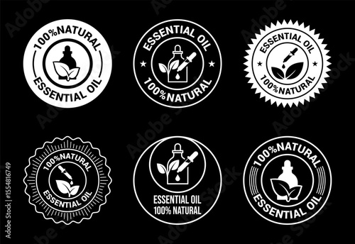 Essential oil icons set design, 100 percent essential oil icon for product certificate tag white on black background