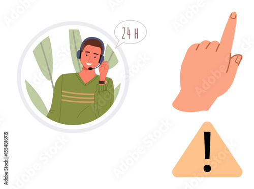 Customer service agent in headset speaking inside circle, speech bubble indicating 24H availability, finger pointing upward, triangular caution mark. Ideal for support, accessibility, caution, alert