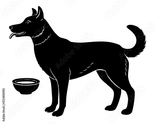 Black Silhouette of Dog with Bowl of Milk or Water, Vector Illustration

