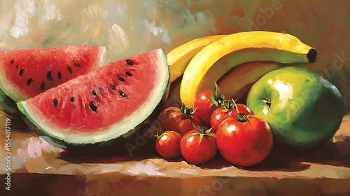 The composition includes watermelon tomatoes bananas red and green apple