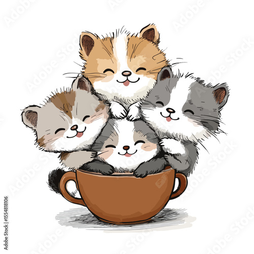  Sweet Baby Raccoons in a Cup – Hand Drawn Style