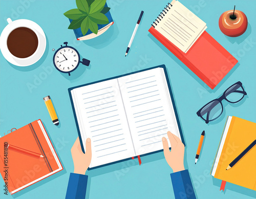 Person at a desk with various objects like notebook, post-it notes, and highlighters