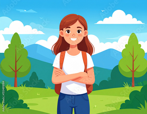 Teenage girl standing outdoors, looking directly at the camera