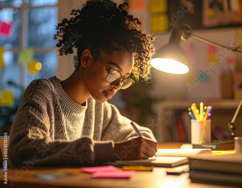 Teenager at a desk with a notebook, post-it notes, and highlighters