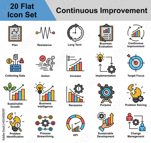 Continuous Improvement Icon Set Collection. Containing Plan, Resistance, Long Term, Business Evaluation, Collecting Data, Action, Increase, Implementation, Target. Simple Flat Vector Illustration.