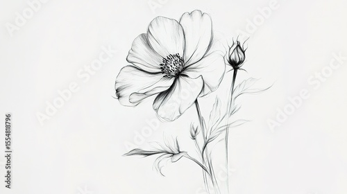 A delicate black and white pencil sketch of a blooming flower with detailed petals, leaves, and a bud on a plain white background.