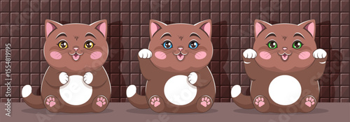 Vector sitting chocolate chubby cute cartoon kittens with different paws and eyes. Set of plump cuddly cats. Sweet favorite kitties. Domestic brown pets. Toon cheerful puss.