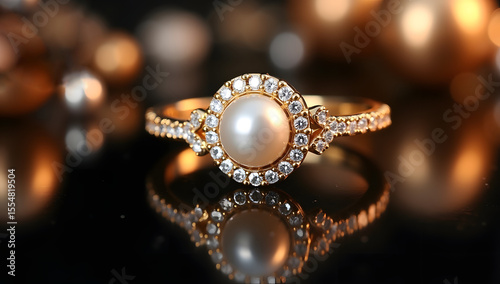 Elegant Gold Ring with Pearl and Diamond Accents