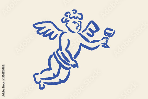 Flying angel holding wine glass naive ink sketch vector illustration