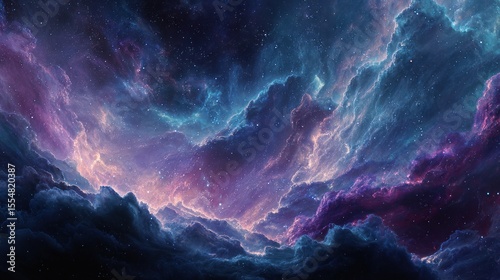 Abstract nebula cloudscape with purple blue and white colors in a dark sky.