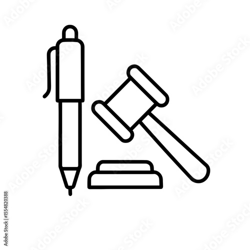 Pen and gavel icon representing legal decision and document signing – outline version