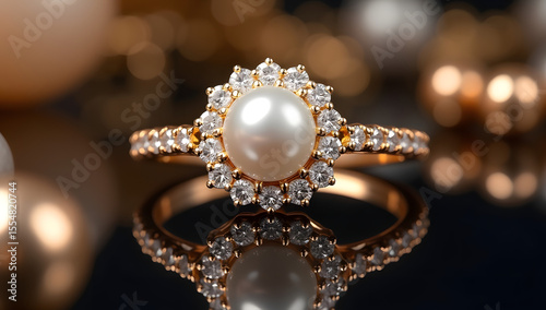 Elegant Gold Ring with Pearl and Diamond Accents