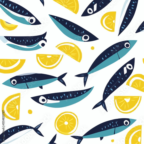 Flat vector pattern of multiple stylized sardines and lemon slices on a white background, ideal for packaging, seafood prints and Mediterranean kitchen products