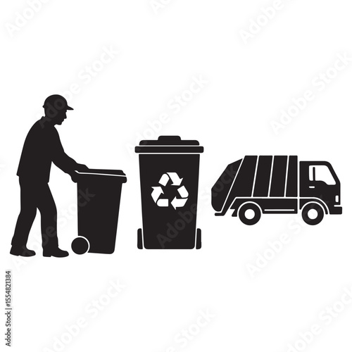 Recycling trash bin and garbage truck collection. Trash utility, disposal and recycling concept set Vector illustration