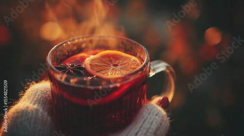 hot mulled wine in glass cup with orange slices and spices – cozy winter beverage concept perfect for seasonal food blogs, holiday ads, or recipe illustrations