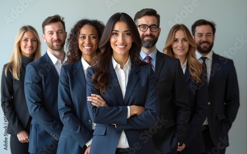 A diverse group of businesspeople poses for a professional team photo, exuding confidence and professionalism, while looking smart and impeccable. Generative AI. High quality