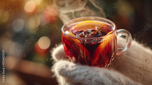 hot mulled wine in glass cup with orange slices and spices – cozy winter beverage concept perfect for seasonal food blogs, holiday ads, or recipe illustrations