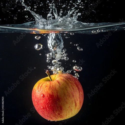A red apple splashes into water, creating bubbles and ripples. The background is dark, highlighting the fruit's vibrant color and the water's movement.