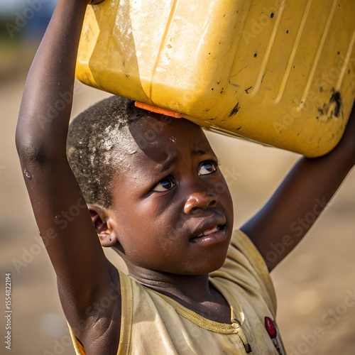 A young African boy carries a yellow water container on his head. He has short black hair and a serious expression. The background is blurred, showing a dry landscape.
