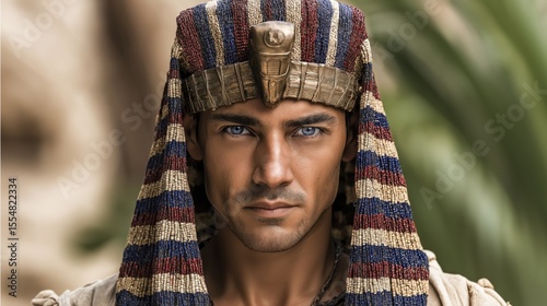 Selfie of Egyptian Pharaoh Ramses II in colorful royal attire, fisheye lens shot with pyramids and bright blue sky in background