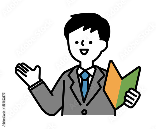 初心者マークを持って笑顔で話すスーツのビジネスパーソンの男性のベクターイラスト