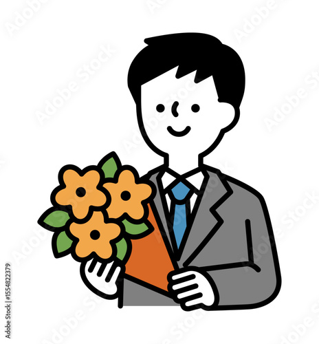 花束を持っている笑顔のスーツの男性のベクターイラスト