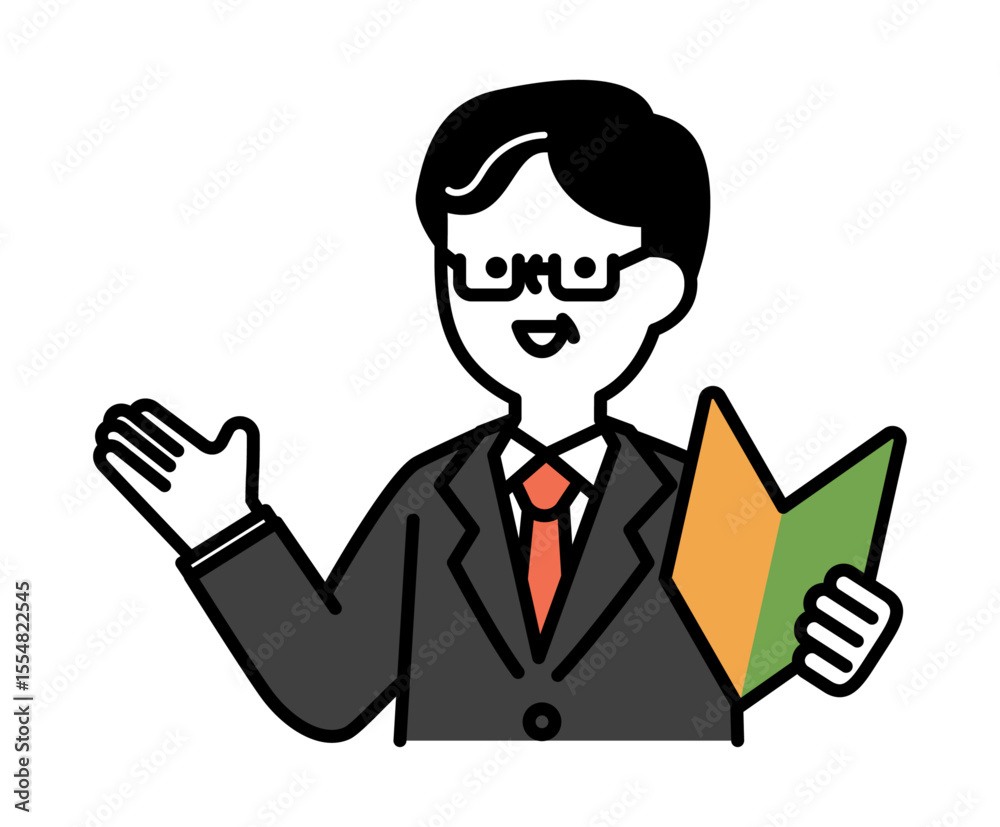 初心者マークを持って笑顔で話すスーツのシニア世代男性のベクターイラスト 初心者マークを持って笑顔で話すスーツのシニア世代男性のベクターイラスト