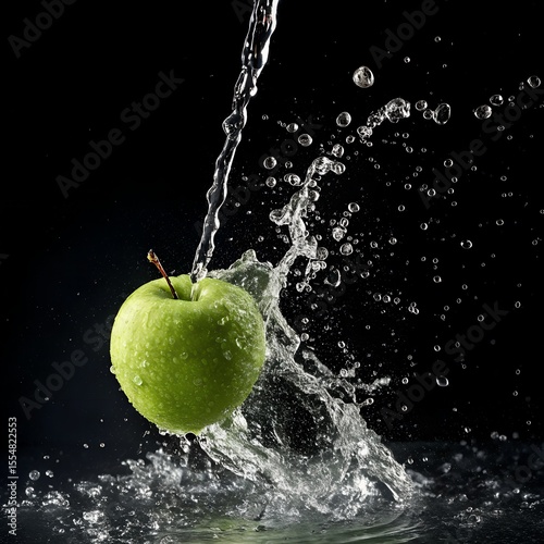 A green apple splashes into water, creating droplets and waves. The background is dark, highlighting the freshness of the fruit.