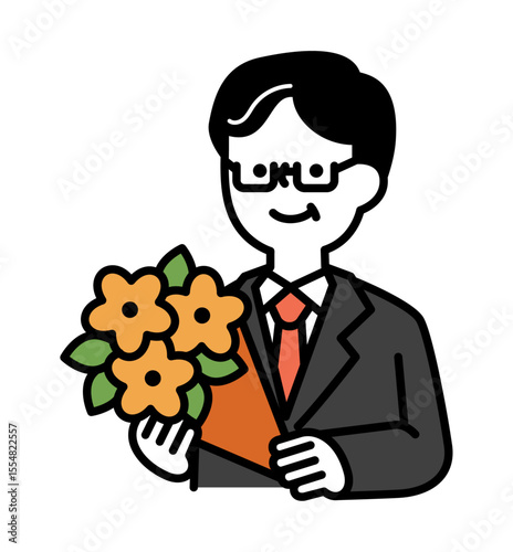 花束を持っている笑顔のスーツのシニア世代男性のベクターイラスト