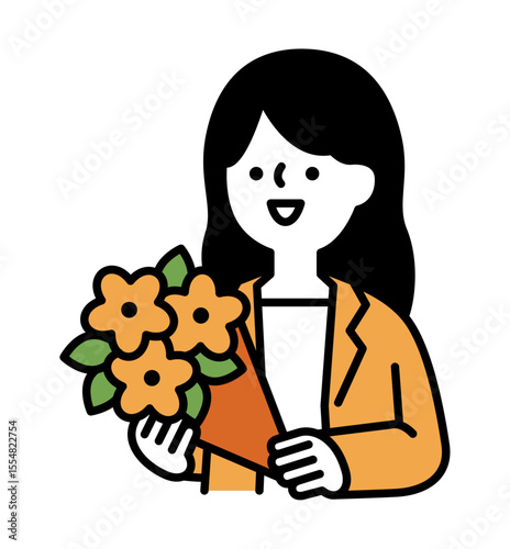 花束を持っている笑顔のスーツの女性のベクターイラスト