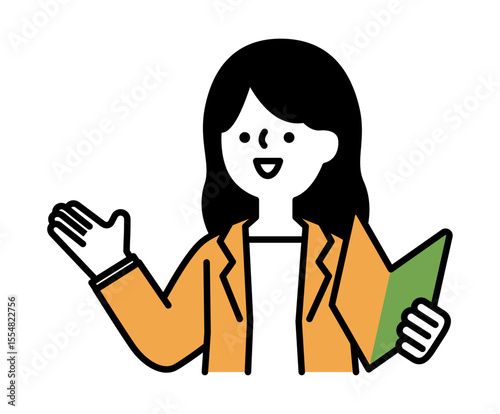 初心者マークを持って笑顔で話すスーツのビジネスパーソンの女性のベクターイラスト