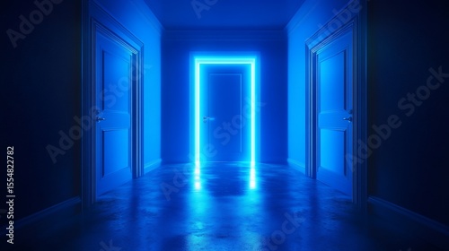 Neon blue glowing doorway in a hallway
