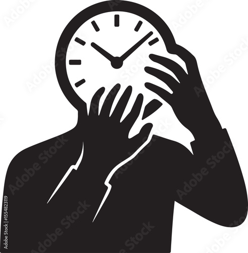 Head replaced by a ticking clock, hands scraping at the face.