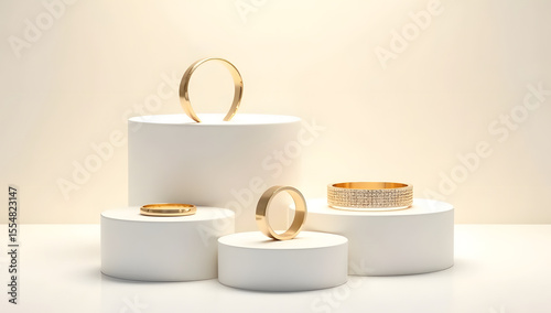 Minimalist Gold Bracelets and Ring on White Pedestals