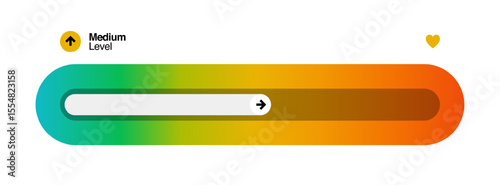 Colorful horizontal progress medium level indicator. Gradient color transition from green to red. Arrow direction shows improvement or movement.