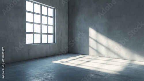 Interior corner window casts light & shadow on stark, gray walls and floor