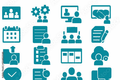 Collection of Business and Teamwork Icons in Teal Representing Collaboration Communication and Project Management Ideal for Website Design Presentations and Infographics Related to Business Operations