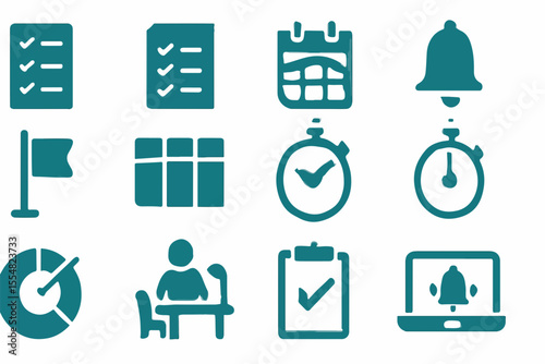 A collection of teal icons representing productivity time management and task completion including a checklist calendar stopwatch bell flag chart person at desk and laptop