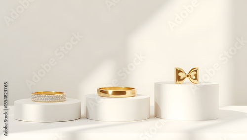 Minimalist Gold Bracelets and Ring on White Pedestals