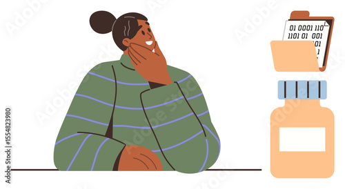 Thoughtful woman in striped sweater holds chin, analyzing binary data in folder with nearby prescription bottle. Ideal for healthcare, decision-making, research, technology, data processing