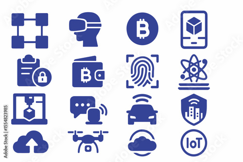 Collection of Technology and Innovation Icons Representing Concepts Such as Blockchain Virtual Reality Cryptocurrency 3D Printing IoT and Artificial Intelligence in a Modern Design set