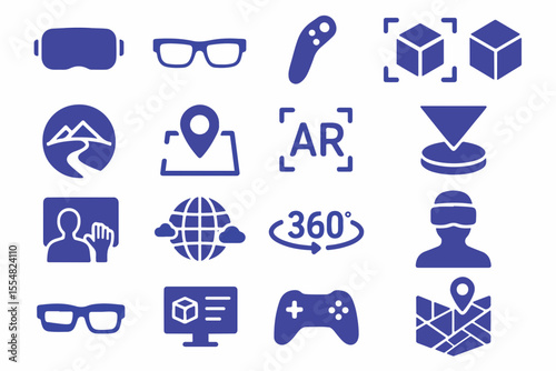 A Collection of Virtual and Augmented Reality Icons Representing Technology Gaming and Immersive Experiences in a Simple Modern and Unified Blue Color Palette Design set