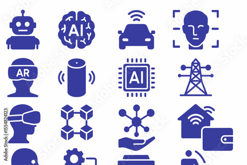 Collection of Artificial Intelligence and Technology Related Icons in Blue Featuring Robotics Augmented Reality Autonomous Vehicles and Smart Home Automation all isolated on a white